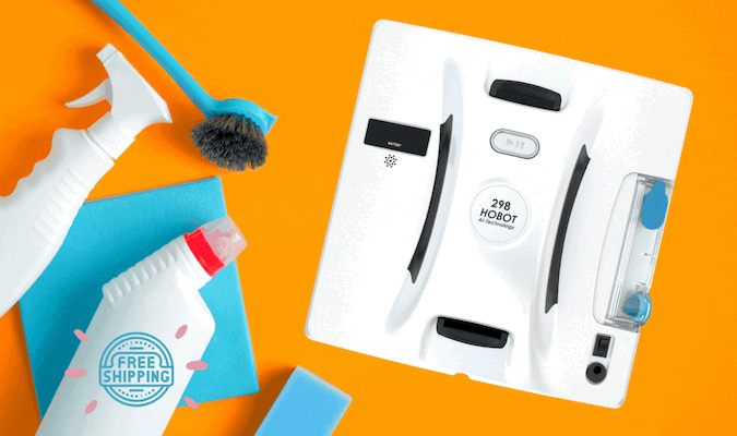 Hobot-298 window cleaning robot with cleaning supplies.