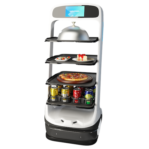 Matradee waiter robot stacked with food plates.