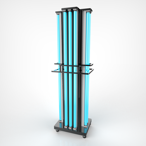 Tall cart with blue UVC sanitizing lights
