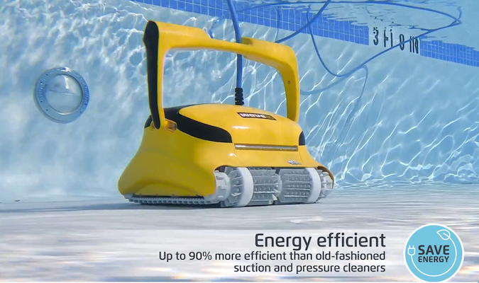 Wave pool cleaning robot operating underwater on a pool floor.